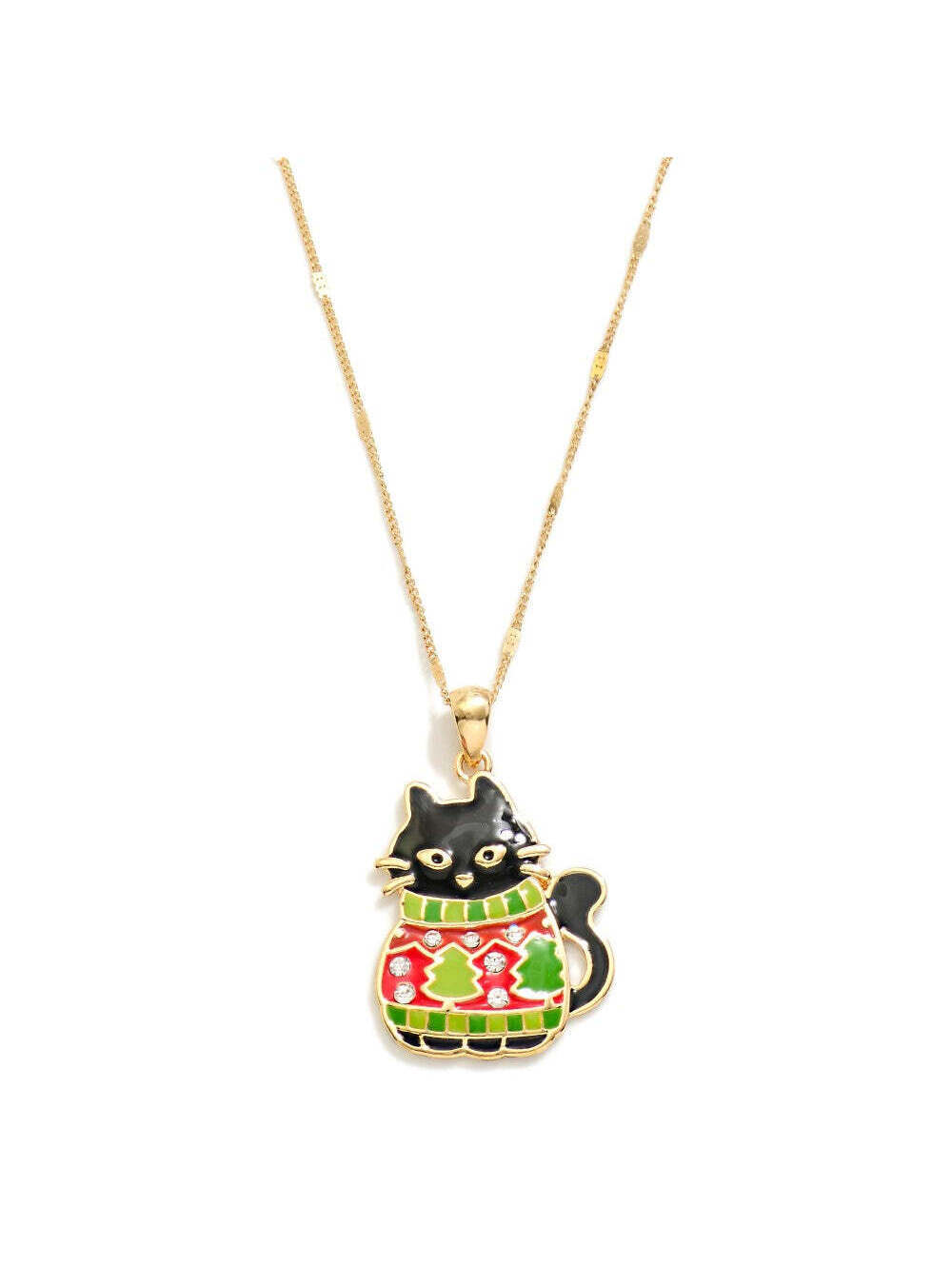 Christmas Cat Enamel Pendant Gold Tone Necklace